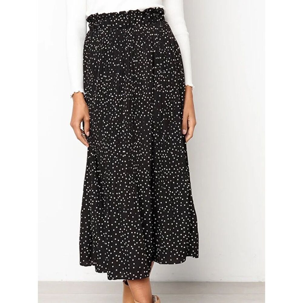Exlura Black Polka Dot Pleated Knit Midi Skirt – High Waist Paperbag Pull-On XXL